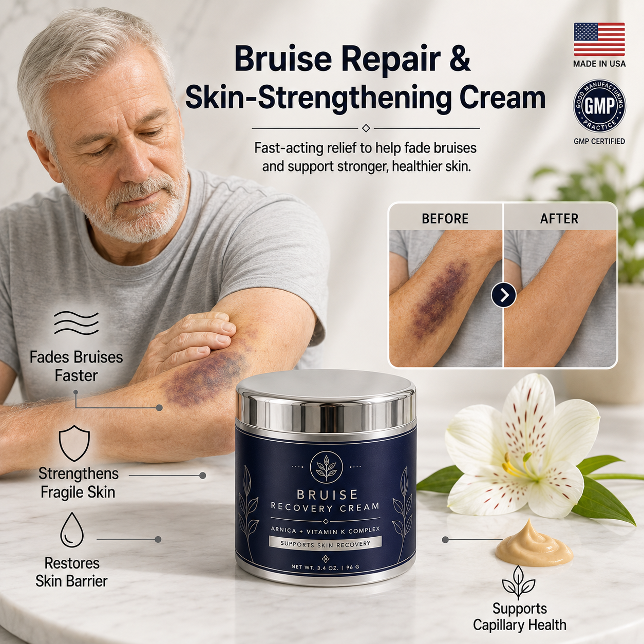 Before and after style presentation for Bruise Recovery Cream