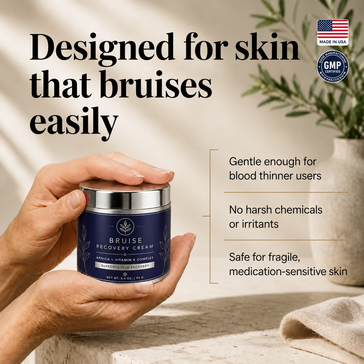 Hands holding Bruise Recovery Cream with gentle skincare messaging