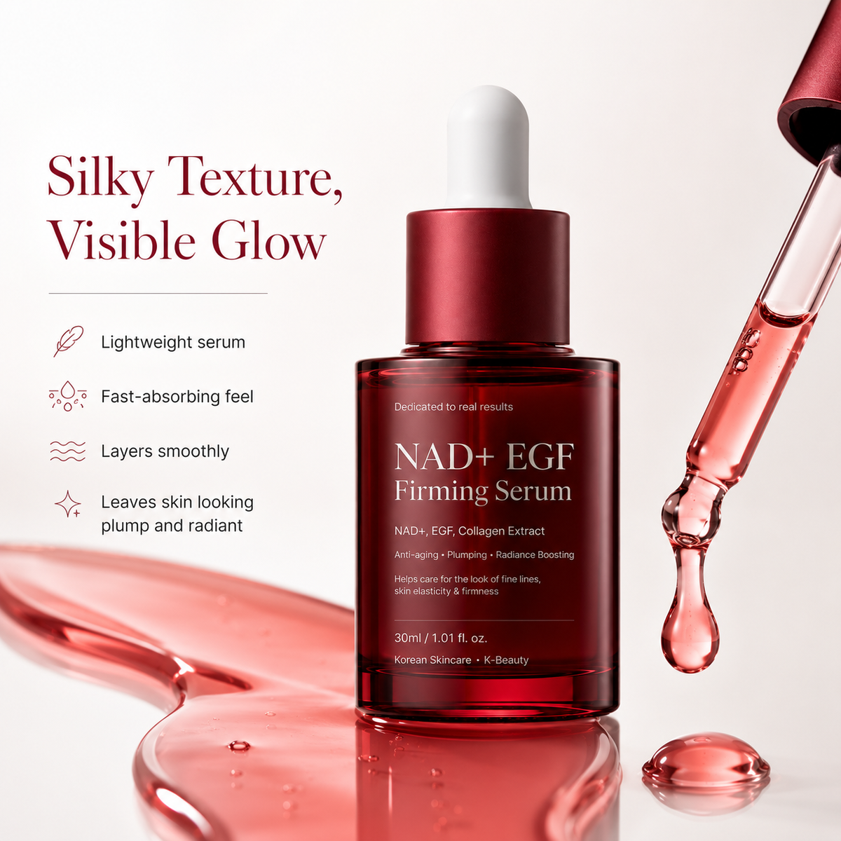 Serum texture and dropper beside the NAD+ EGF Firming Serum bottle