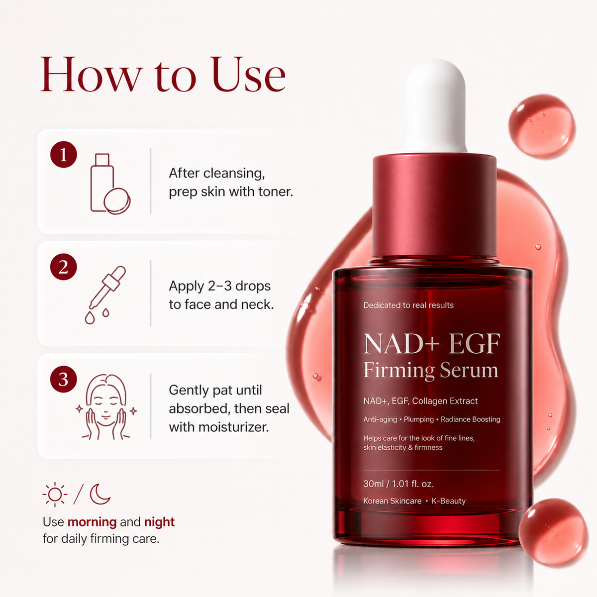 Three-step directions for applying NAD+ EGF Firming Serum