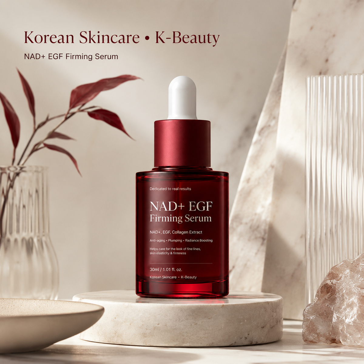 NAD+ EGF Firming Serum on a neutral stone pedestal