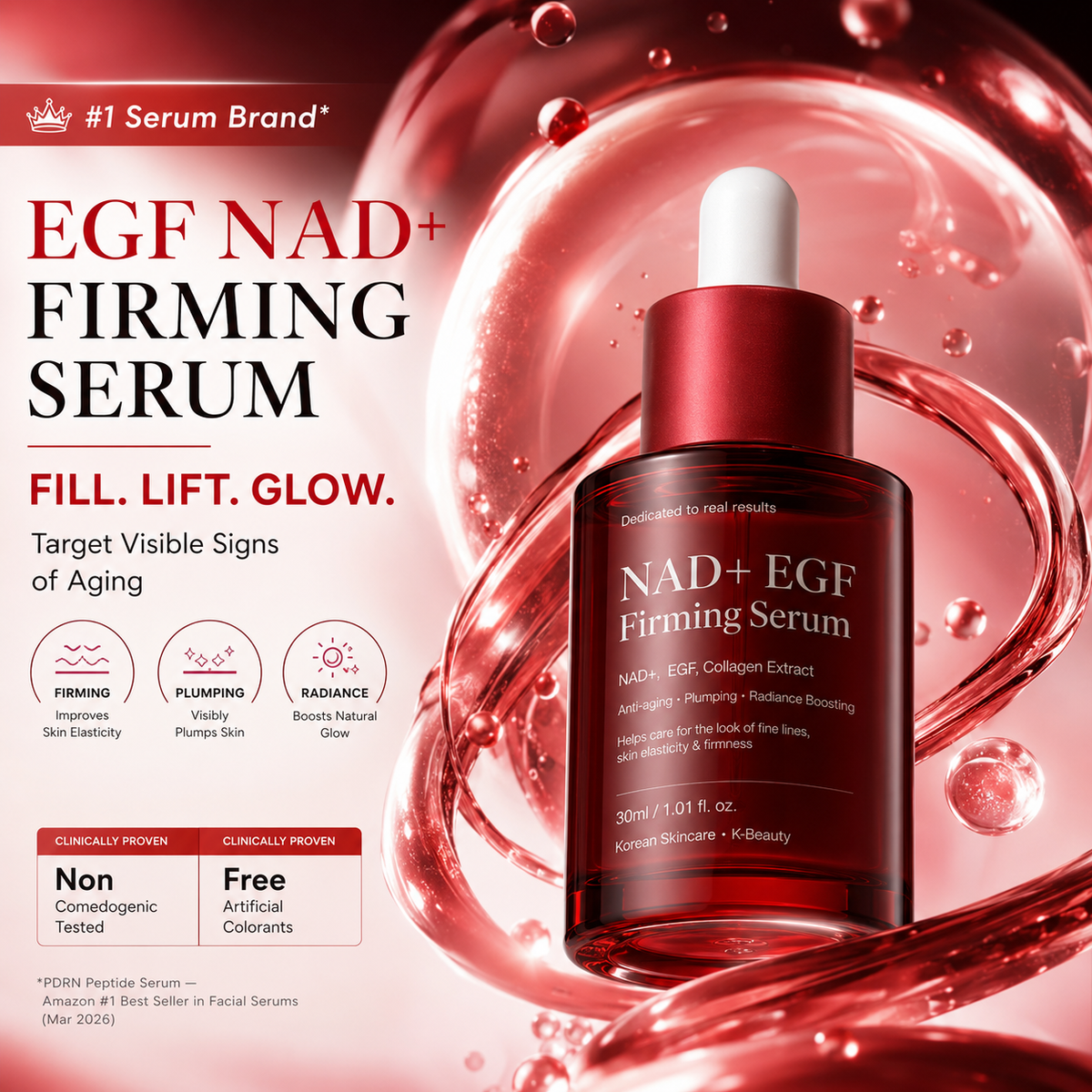NAD+ EGF Firming Serum in deep red glass bottle
